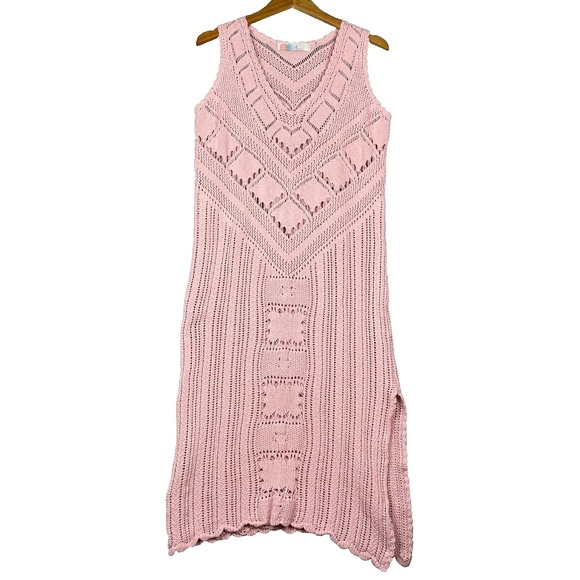 Free People Beach Womens Sweater Dress M Pink Knit Cotton Pointelle Cottage Boho - Picture 1 of 10